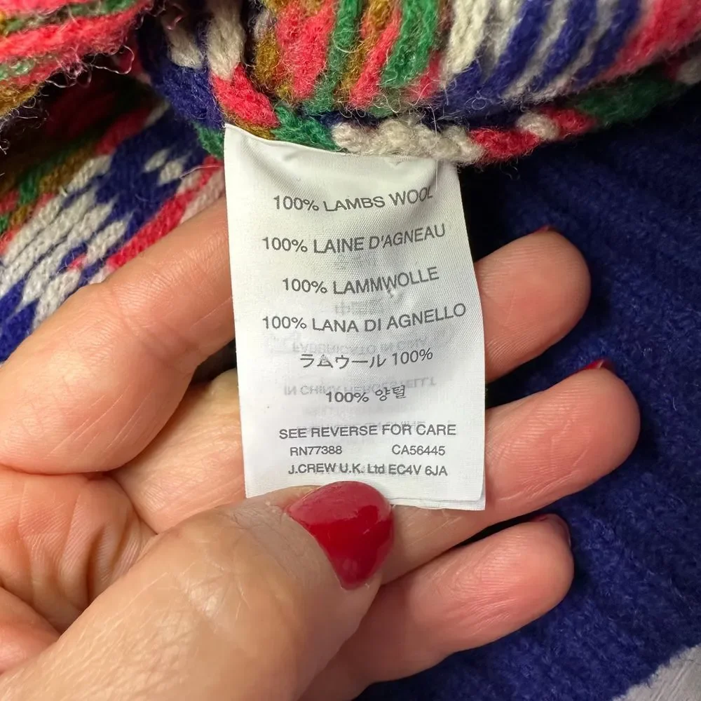 Lambs wool j crew multi color red green pattern pullover knit sweater size small